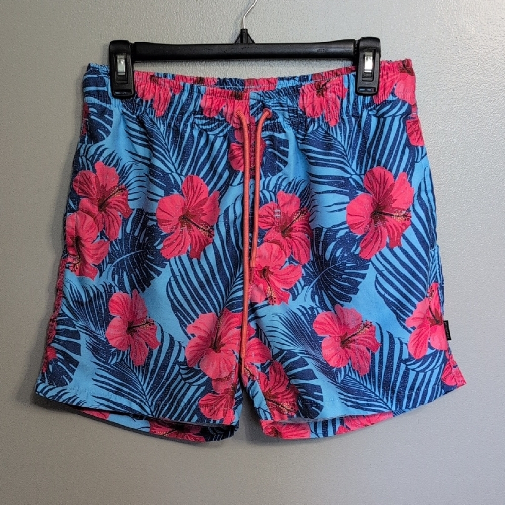 Ring of Fire Blue and Pink Hibiscus Swim Trunks